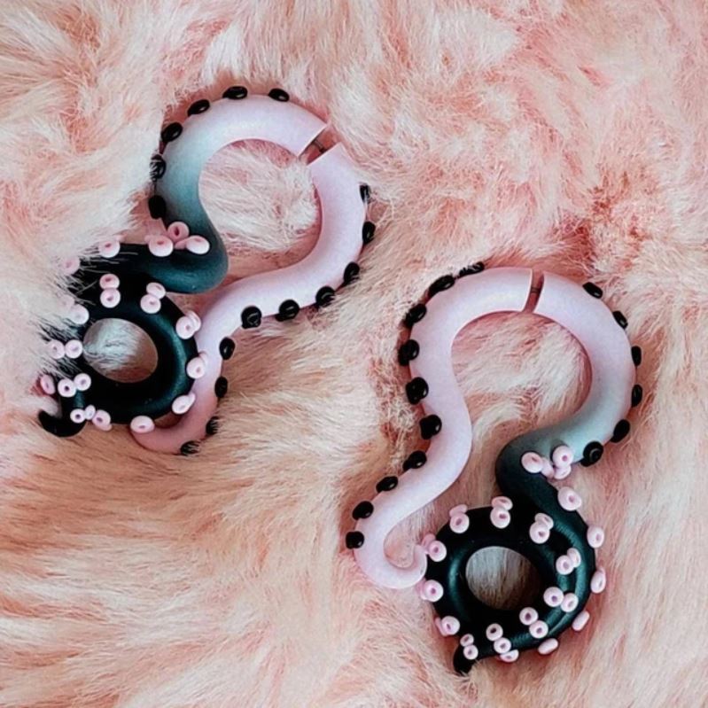 Pinke Goth Ästhetische Tentakelmessgeräte und Fake Gauge Tentakelohrringe Oktopusmessgeräte