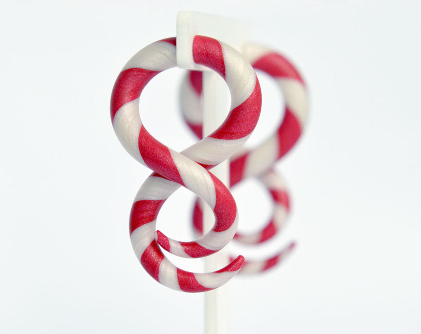 Red White Earrings Christmas Fake Gauge Earrings and Real True Candy Cane Plugs