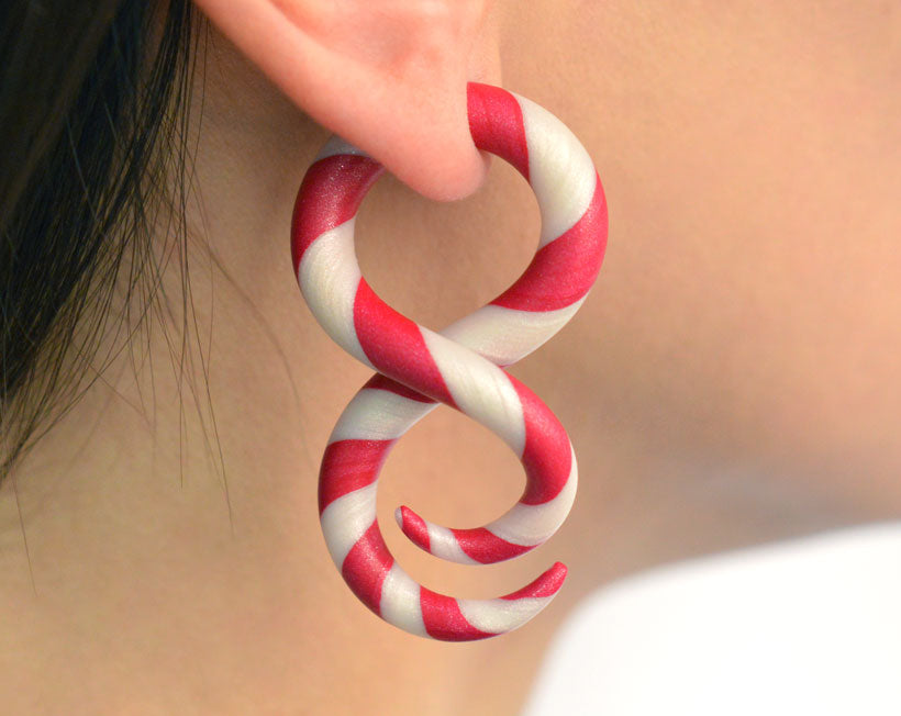 Red White Earrings Christmas Fake Gauge Earrings and Real True Candy Cane Plugs