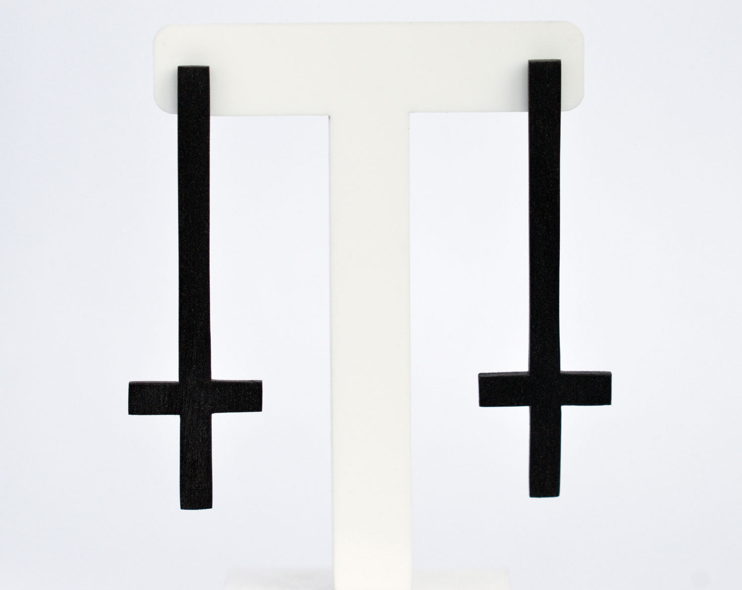 Upside down cross earrings from Tania Chernova. Customizable colors, hypoallergenic, handmade inverted cross or black upside down cross earrings. Suitable for women and men, gold, pink or any color you like, hanging or dangle upside down cross earrings, nickel-free stud earrings.