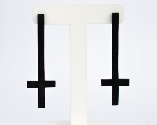 Upside down cross earrings from Tania Chernova. Customizable colors, hypoallergenic, handmade inverted cross or black upside down cross earrings. Suitable for women and men, gold, pink or any color you like, hanging or dangle upside down cross earrings, nickel-free stud earrings.