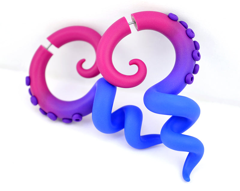 Bi earrings or unique handmade bisexual earrings by Tania Chernova, bi pride jewelry tentacle earrings deep pink lavender and dark blue.