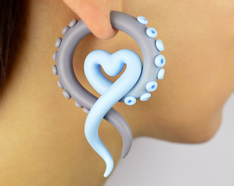 Autosexual pride flag earrings, unique handmade autosexual earrings by Tania Chernova, light blue and grey tentacle earrings with heart.