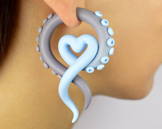 Autosexual pride flag earrings, unique handmade autosexual earrings by Tania Chernova, light blue and grey tentacle earrings with heart.