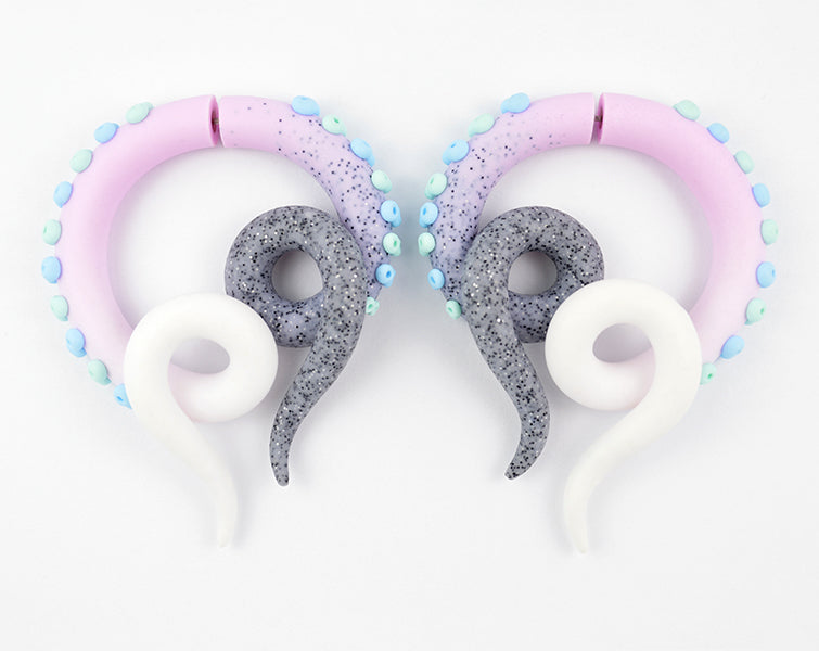 Glitter Granite Light Pink White Fake Gauge Tentacle Earrings Kawaii Pastel Goth