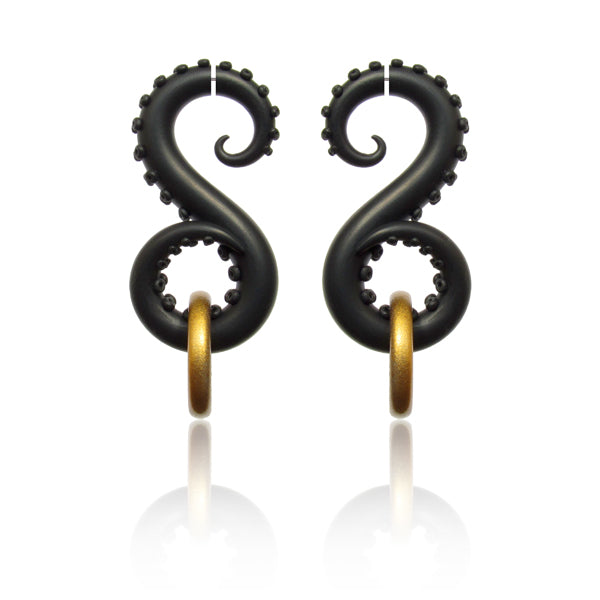 Tentakel-Ohrringe, Oktopus hält Ring, Schwarzgold, Tentakel-Messgeräte, gefälschte Ohrstöpsel