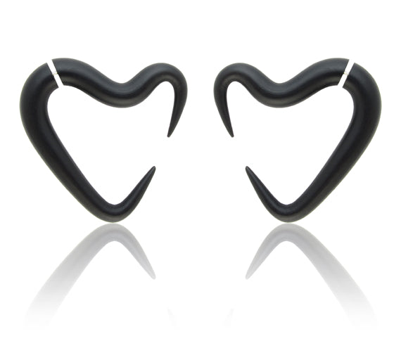 Black heart earrings, fake gauge earrings and actual ear gauges, body jewelry by Tania Chernova
