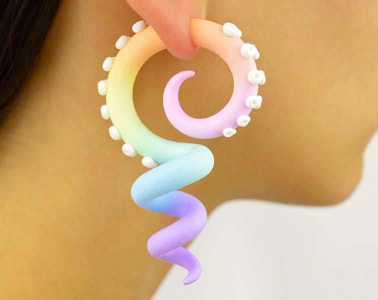 Unique handmade pastel goth tentacle earrings, pastel rainbow earrings by Tania Chernova. Yami kawaii aesthetic pastel earrings. Pastel goth color earrings - light pink pastel orange vanilla yellow mint baby blue light purple. Kpop menhera kei fashion, cute earrings, decoden anime harajuku octopus fairy kei earrings.