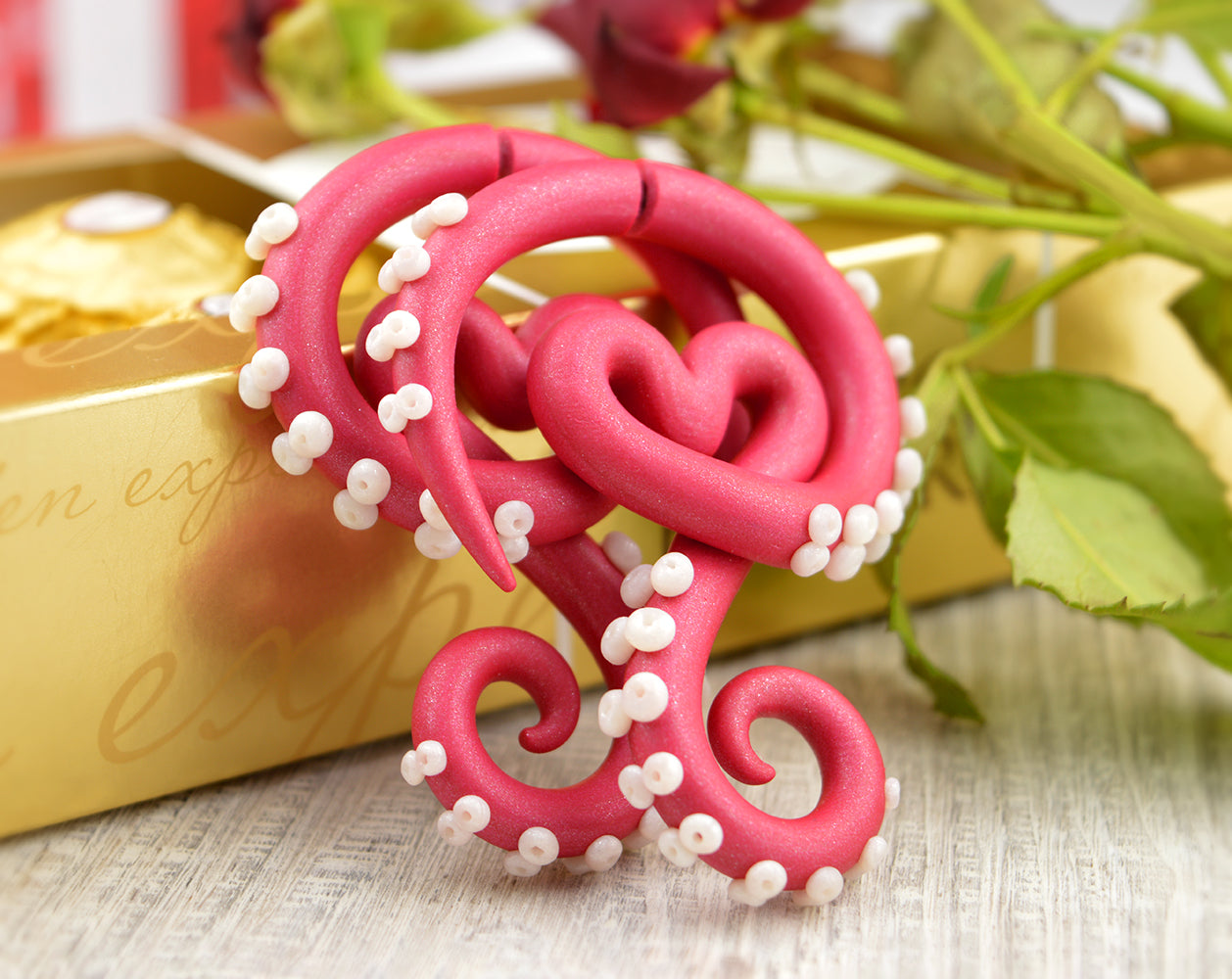 Handmade Valentines Day earrings by Tania Chernova, red heart octopus tentacle earrings, february 14 jewelry. Unique Valentines Day gifts for her or great Valentine's Day gifts for wife and daughter. Unique Happy Valentine earrings, stud earrings or fake gauge earrings and true plugs. Shimer red tentacle earrings with pearl white suction cups.