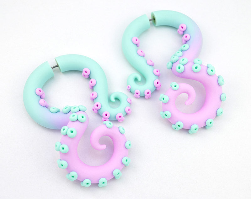 Pastell Ombre Mint und Hellrosa Ohrmessgeräte Oktopus Tentakel Ohrringe