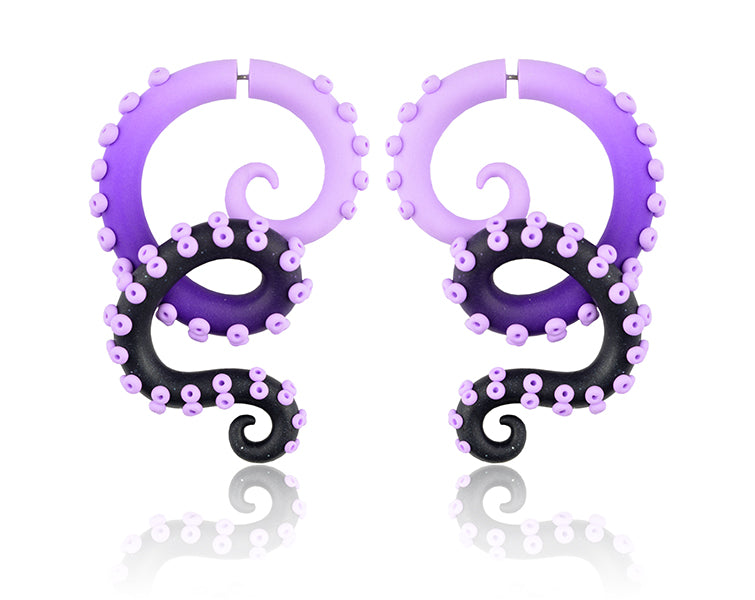 I made these octopus tentacle earrings with ombre from light purple to purple to glitter black. I make these purple tentacles both fake earrings that look real and real tentacle ear plugs. Purple goth earrings by Tania Chernova. Octopus emo earrings, aesthetic earrings.
