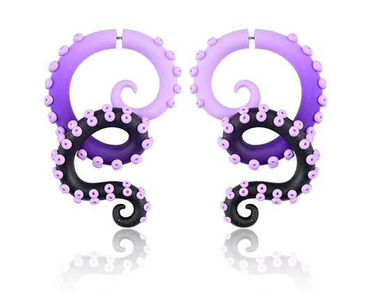 I made these octopus tentacle earrings with ombre from light purple to purple to glitter black. I make these purple tentacles both fake earrings that look real and real tentacle ear plugs. Purple goth earrings by Tania Chernova. Octopus emo earrings, aesthetic earrings.