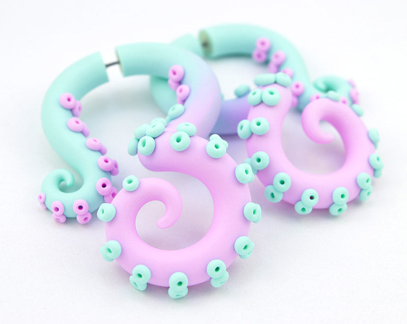 Pastell Ombre Mint und Hellrosa Ohrmessgeräte Oktopus Tentakel Ohrringe