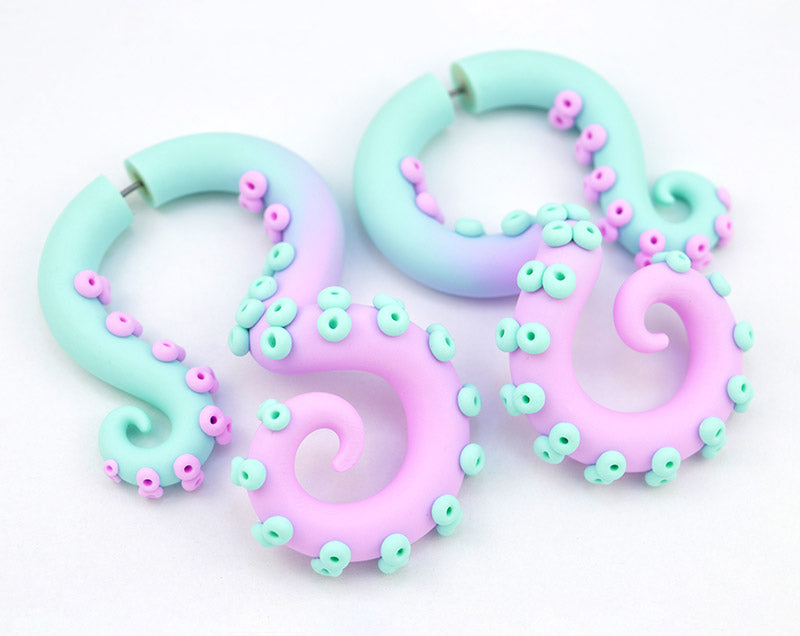 Pastell Ombre Mint und Hellrosa Ohrmessgeräte Oktopus Tentakel Ohrringe