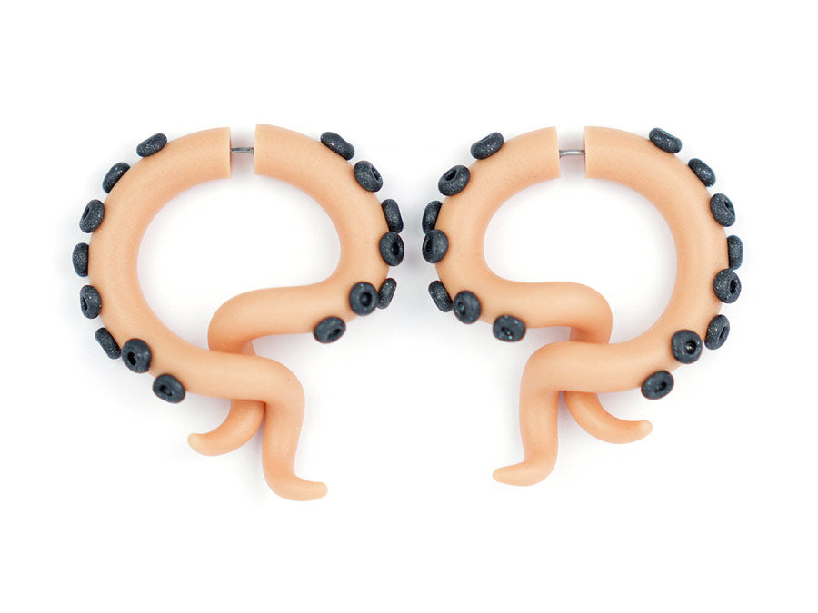 Beige Oktopus-Tentakel-Ohrringe – Fake-Tentakel-Messgeräte oder Oktopus-Ohrstecker, Fake-Plugs