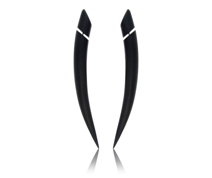 Super long talon earrings by Tania Chernova, tusk earrings. Tribal talon fake gauge earrings and ear tapers, tribal earrings. Unique handmade earrings - 3.35" black claw earrings. Boho tribal body jewelry. Fake ear plugs faux ear stretcher ear tunnels fake ear hangers ear pinchers true ear gauges in 2g 1g 0g 00g 000g 7/16" 0000g