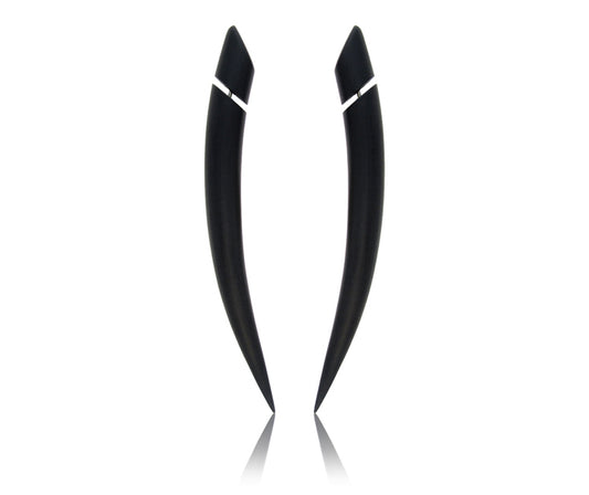 Super long talon earrings by Tania Chernova, tusk earrings. Tribal talon fake gauge earrings and ear tapers, tribal earrings. Unique handmade earrings - 3.35" black claw earrings. Boho tribal body jewelry. Fake ear plugs faux ear stretcher ear tunnels fake ear hangers ear pinchers true ear gauges in 2g 1g 0g 00g 000g 7/16" 0000g