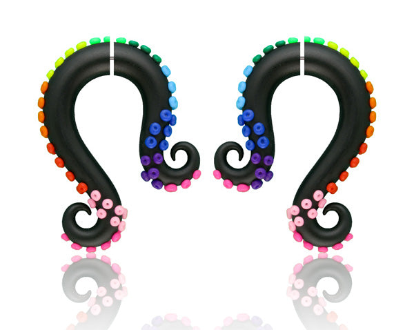 I made these little cute tentacle earrings with rainbow suction cups, rainbow earrings by Tania Chernova. Octopus tentacle gauges in 2g 1g 0g 00g 000g 7/16 0000g and fake gauge earrings like stud earrings. Real and fake body jewelry. Creepy cute earrings street fashion. Ear stretchers and fake ear stretchers.