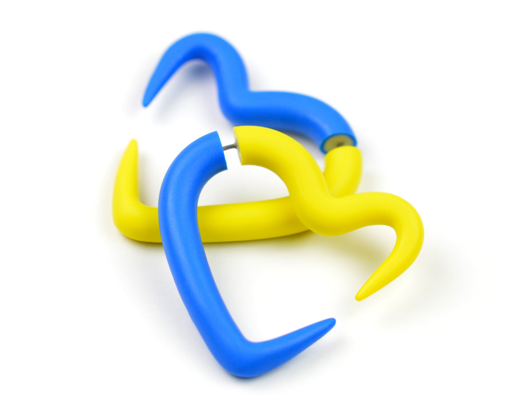 Blue yellow heart earrings by Tania Chernova. Ukraine flag earrings. Fake ear gauges and 1g 0g 00g 000g ear gauges.