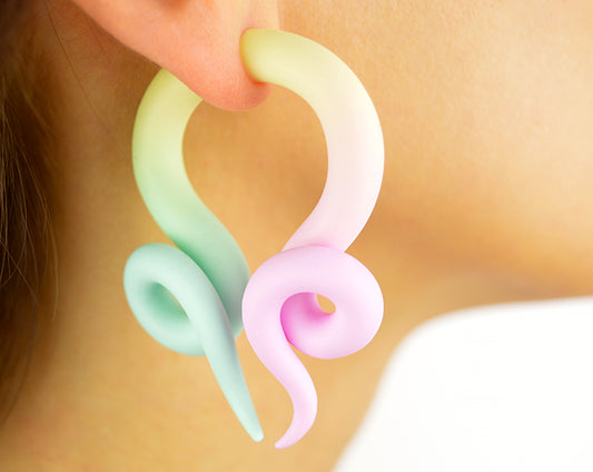 I was inspired to create these fairy kei pastel goth earrings by harley quinn suicide squad in particular harley quinn hair color. I have used harley quinn hairstyle for my unique handmade earrings. Light green mint light yellow vanilla light pink yami kawaii fake gauge earrings. Best for harley quinn cosplay costume.