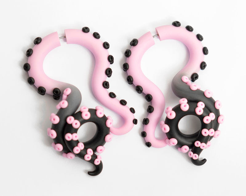 Pinke Goth Ästhetische Tentakelmessgeräte und Fake Gauge Tentakelohrringe Oktopusmessgeräte