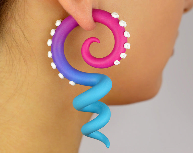 Hot Pink and Turquoise Ombre Tentacle Earrings Real & Fake Ear Gauges