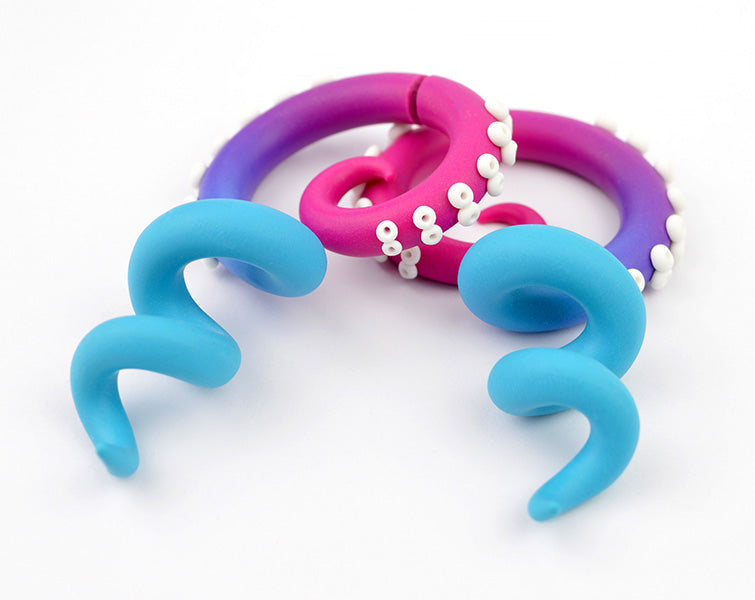 Hot Pink and Turquoise Ombre Tentacle Earrings Real & Fake Ear Gauges