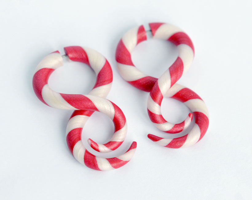 Red White Earrings Christmas Fake Gauge Earrings and Real True Candy Cane Plugs