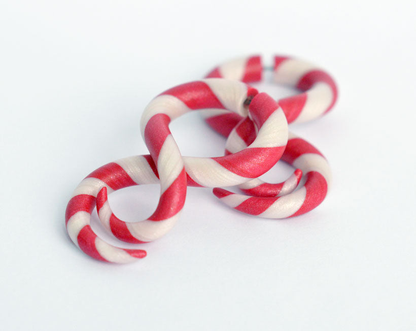 Red White Earrings Christmas Fake Gauge Earrings and Real True Candy Cane Plugs