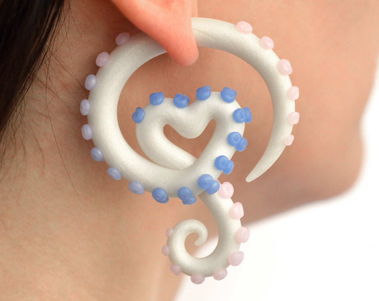 Boucles d'oreilles en forme de tentacule de poulpe blanc nacré Boucles d'oreilles en fausse jauge de glace arctique et jauges d'oreille réelles