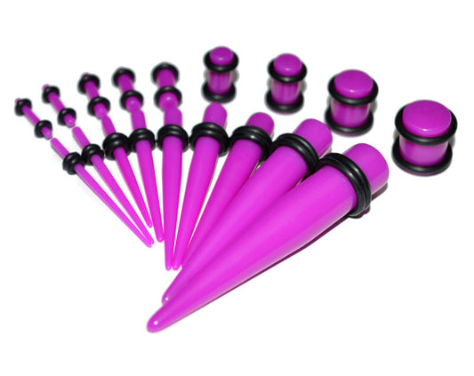Ear stretching kit beginners from 14g to 00g in pink, 36 or 18 pieces of ear tapers and ear plugs. Smallest ear taper size: less than 18g to 14g at the thickest point. Magenta purple or hot pink ear stretching kit beginners. Ear stretchers and plugs for both ears or for one.