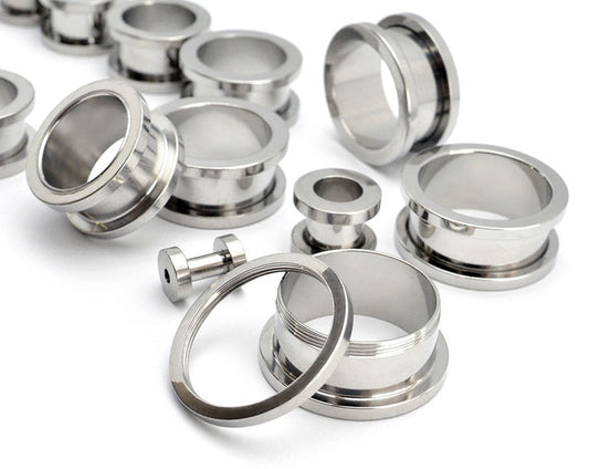 Screw fit flesh tunnels or 1 pair of 316L stainless steel screw top ear tunnels from 10g to 3/4" for your choice. Screw fit flesh tunnels in 14g 12g 10g 8g 6g 4g 2g 0g 00g 1/2" 9/16" 5/8" 11/16" 3/4" or steel screw fit tunnels sizes in millimeters: 1.6mm 2mm 2.6mm 3mm 4mm 5mm 6mm 8mm 10mm 12mm 14mm 16mm 18mm 20mm.