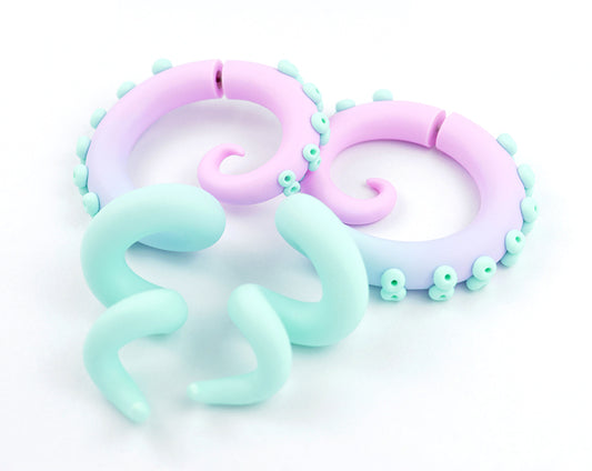 Fairy kei earrings, yami kawaii tentacle earrings, ear gauges. Pastel goth earrings.