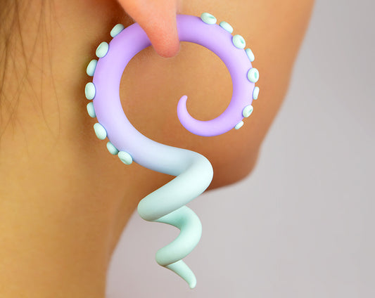 Light purple mint pastel goth yami kawaii fake tentacle gauges octopus earrings, tentacle earrings.