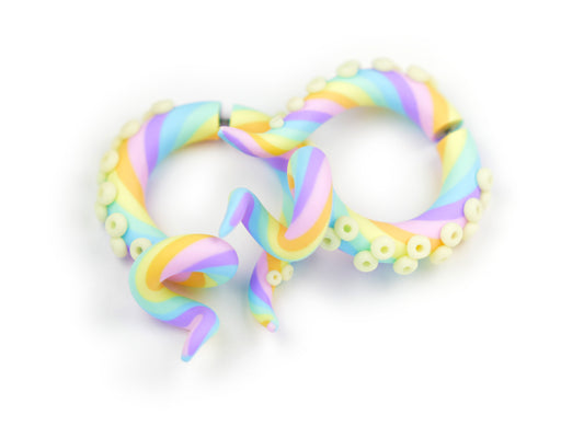 Pastel goth rainbow octopus tentacle earrings by Tania Chernova.