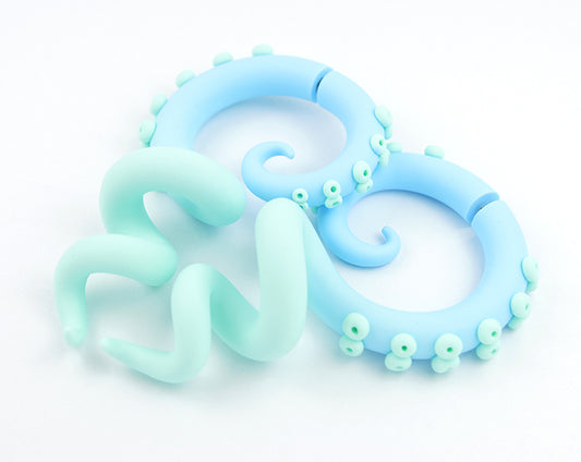 Cute kawaii pastel goth octopus tentacle earrings baby blue mint Lolita pastel goth fake ear gauges fake ear plugs.