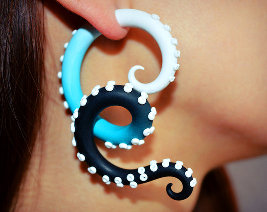 These tentacle earrings I made with white turquoise black ombre. Octopus earrings have unique shape and can be made in both versions, such as fake gauge earrings and ear gauges/ear plugs for gauged earlobes. You can also choose your own colors and I will make unique unique earrings for you. Real and fake tentacle gauges by Tania Chernova.