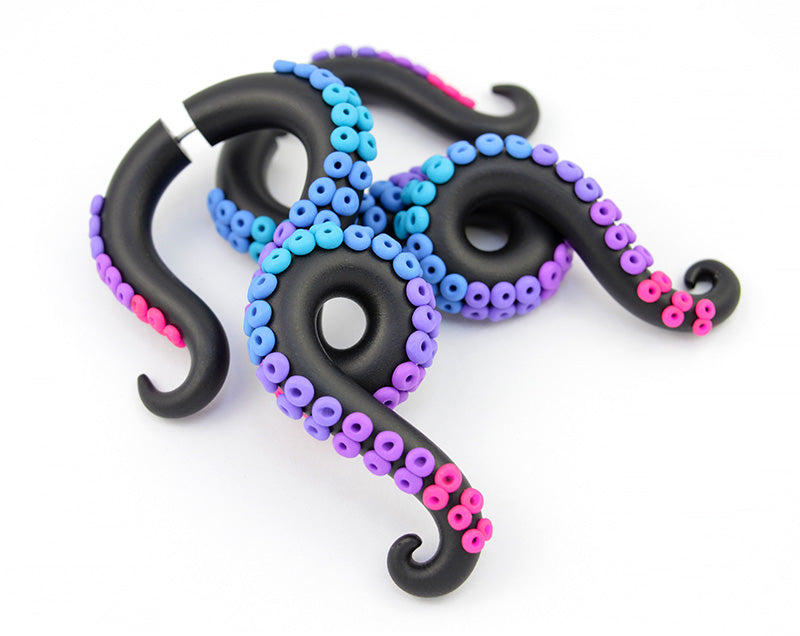 Black octopus tentacle earrings by Tania Chernova, handmade fake gauge earrings.