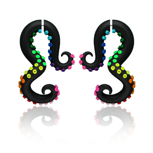 Black octopus tentacle earrings with rainbow suction cups, unique handmade fake gauge earrings (faux  gauges, two part earrings) and actual ear gauges for gauged earlobes in 2g 1g 0g 00g 000g 7/16 0000g. Earrings that look like octopus tentacles by artist Tania Chernova.