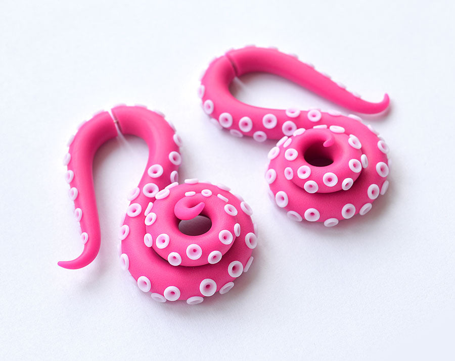 Hot Pink Goth Aesthetic Octopus Tentacle Earrings and Tentacle Gauges