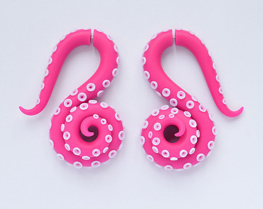Hot Pink Goth Aesthetic Octopus Tentacle Earrings and Tentacle Gauges