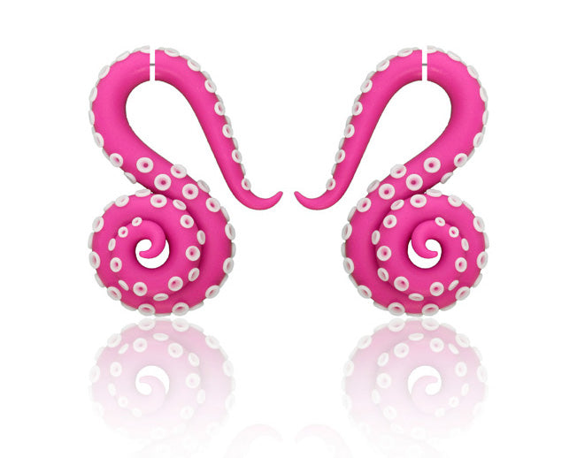 I made these unique hot pink goth aesthetic earrings so that they remind octopus tentacles. Artisan jewelry, tentacles earrings and tentacle gauges by Tania Chernova. These cute pink goth aesthetic earrings go great with any pink goth outfits that has a hint of pink. Fake gauge earrings and ear gauges.