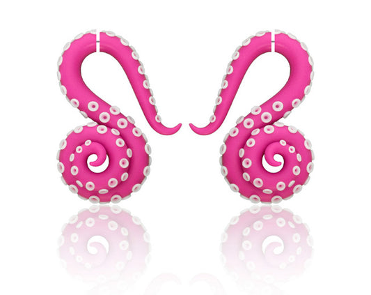 I made these unique hot pink goth aesthetic earrings so that they remind octopus tentacles. Artisan jewelry, tentacles earrings and tentacle gauges by Tania Chernova. These cute pink goth aesthetic earrings go great with any pink goth outfits that has a hint of pink. Fake gauge earrings and ear gauges.