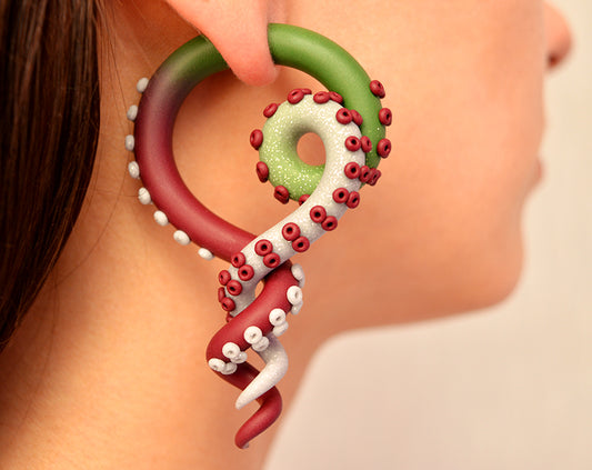 I made these double helix spiral earrings and ear gauges in glitter gray olive green and maroon ombre. Double helix earrings in the shape of an octopus tentacles, unique handmade body jewelry by Tania Chernova. I make both, tentacle earrings - like stud earrings and tentacle gauges / tentacle plugs for gauges earlobes. Double helix piercing jewelry for stretched earlobe and fake gauge earrings.