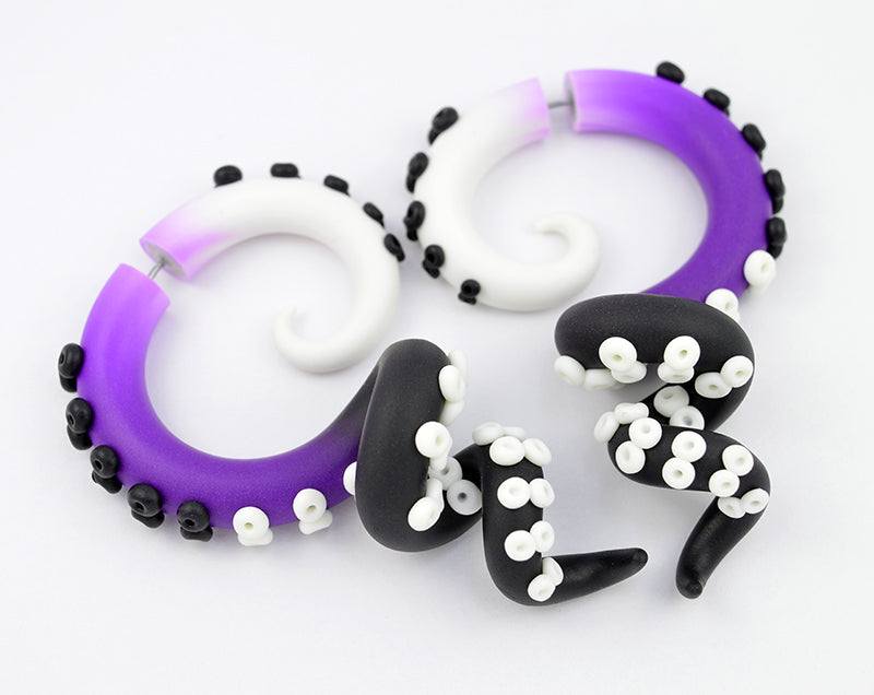 I made these earrings with white purple black ombre. Unique handmade body jewelry by Tania Chernova from etsy store. Custommade octopus tentacle earrings, fake gauge earrings and ear stretchers for gauged/stretched ears. 2 gauge 1 gauge 0 gauge 00 gauge 000 gauge 7/16 gauge 0000 gauge earrings.