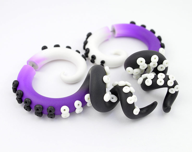 White Purple Black Octopus Tentacle Earrings Fake Gauge Earrings