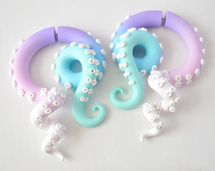 Pastel Goth Fake Gauge Earrings and Ear Stretchers Octopus Tentacle Earrings