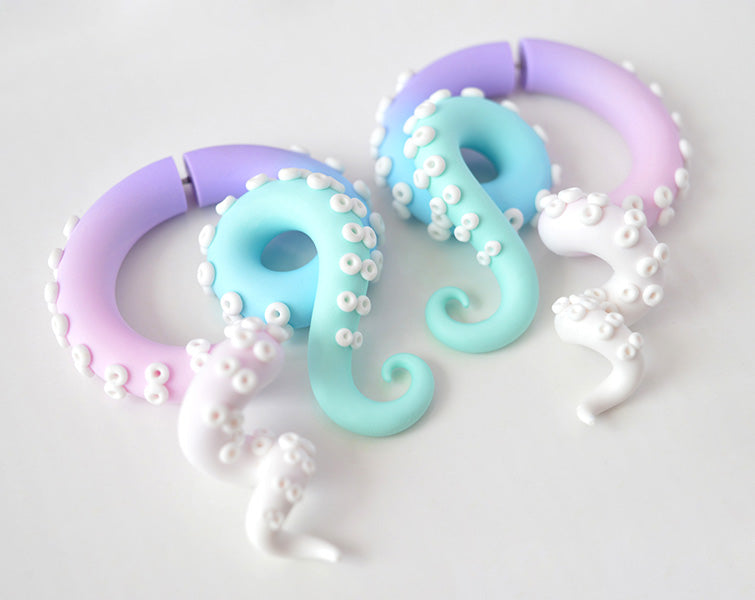 Pastel Goth Fake Gauge Earrings and Ear Stretchers Octopus Tentacle Earrings