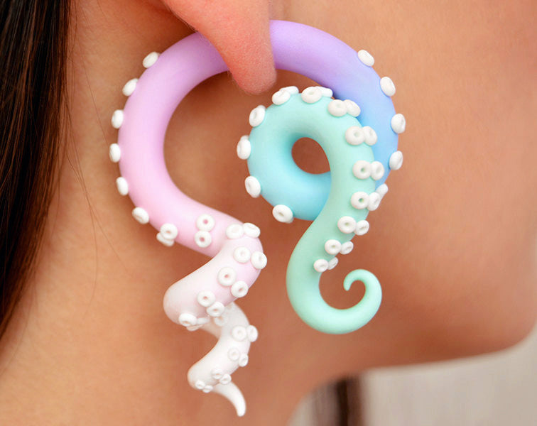 Pastel Goth Fake Gauge Earrings and Ear Stretchers Octopus Tentacle Earrings