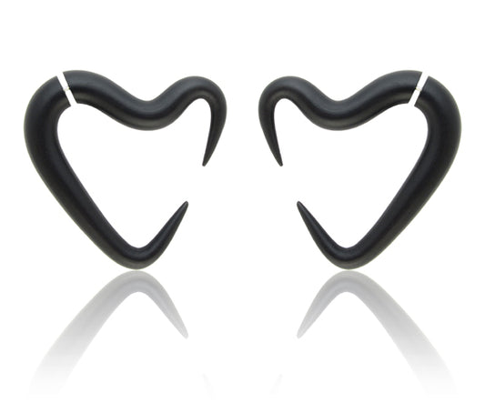 Black heart earrings, fake gauge earrings and actual ear gauges, body jewelry by Tania Chernova